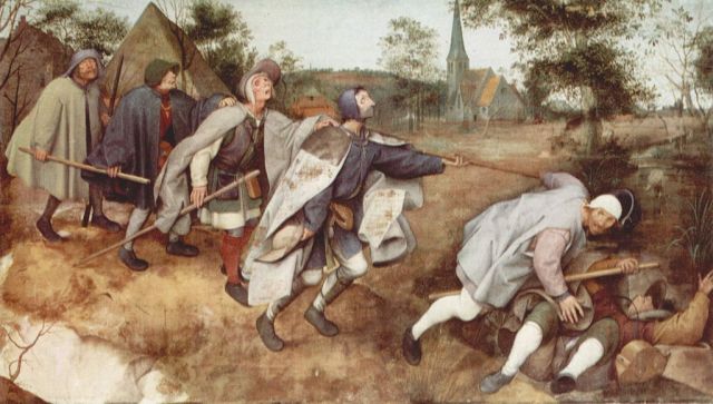 La parábola de los ciegos (en neerlandés, De parabel der blinden) es una obra del pintor flamenco Pieter Brueghel el Viejo. Es un óleo sobre tabla, pintado en el año 1568. Mide 86 cm de alto y 154 cm de ancho. Se exhibe actualmente en el Museo di Capodimonte de Nápoles, Italia. También puede encontrarse con otros títulos, como El ciego guiando a otros ciegos o Ceguera o incluso Ciegos de Nápoles1 Hay seis ciegos que caminan uno delante de otros. Un guía, también ciego, los precede y cae en un agujero. El siguiente ciego se tambalea por encima del primero. El tercero, conectado con el segundo, sigue a sus precedesores. El quinto y el sexto aún no saben lo que está pasando, pero al final acabarán cayendo también en el agujero.  En cuanto al aporte científico del pintor está lo que sigue: “En varios de los seis ciegos puede identificarse distinta afección ocular. El primer ciego ya ha caído al río arrastrando en su caída al segundo. En este segundo ciego, se aprecia enucleación bilateral. Podría tratarse de un traumatismo por una pelea o accidente, o muy posiblemente por la costumbre de sacar los ojos de los nobles vencidos en las guerras. El tercer ciego presenta un leucoma corneal en su ojo derecho y el cuarto ciego, una ptisis bulbi grave. El quinto ciego oculta sus ojos con un gorro, imagen representada de forma recurrente por Bruegel en otras obras. El sexto ciego presenta dos cataratas hipermaduras evidentes. En definitiva se trata de una obra extraordinaria en la que puede identificarse la afección ocular de los ciegos que la componen.”